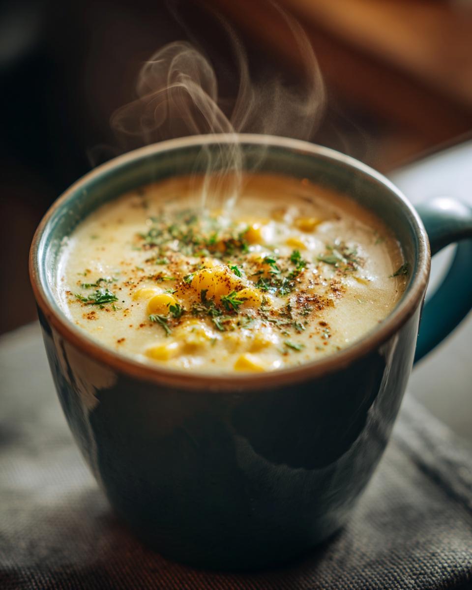 Steaming mug of Easy One-Pot Creamy Corn Chowder, garnished with herbs and spices.