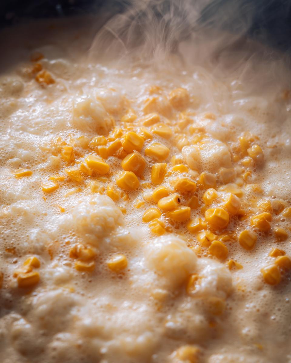 Close-up of Easy One-Pot Creamy Corn Chowder simmering in a pot, showing corn kernels and creamy broth.