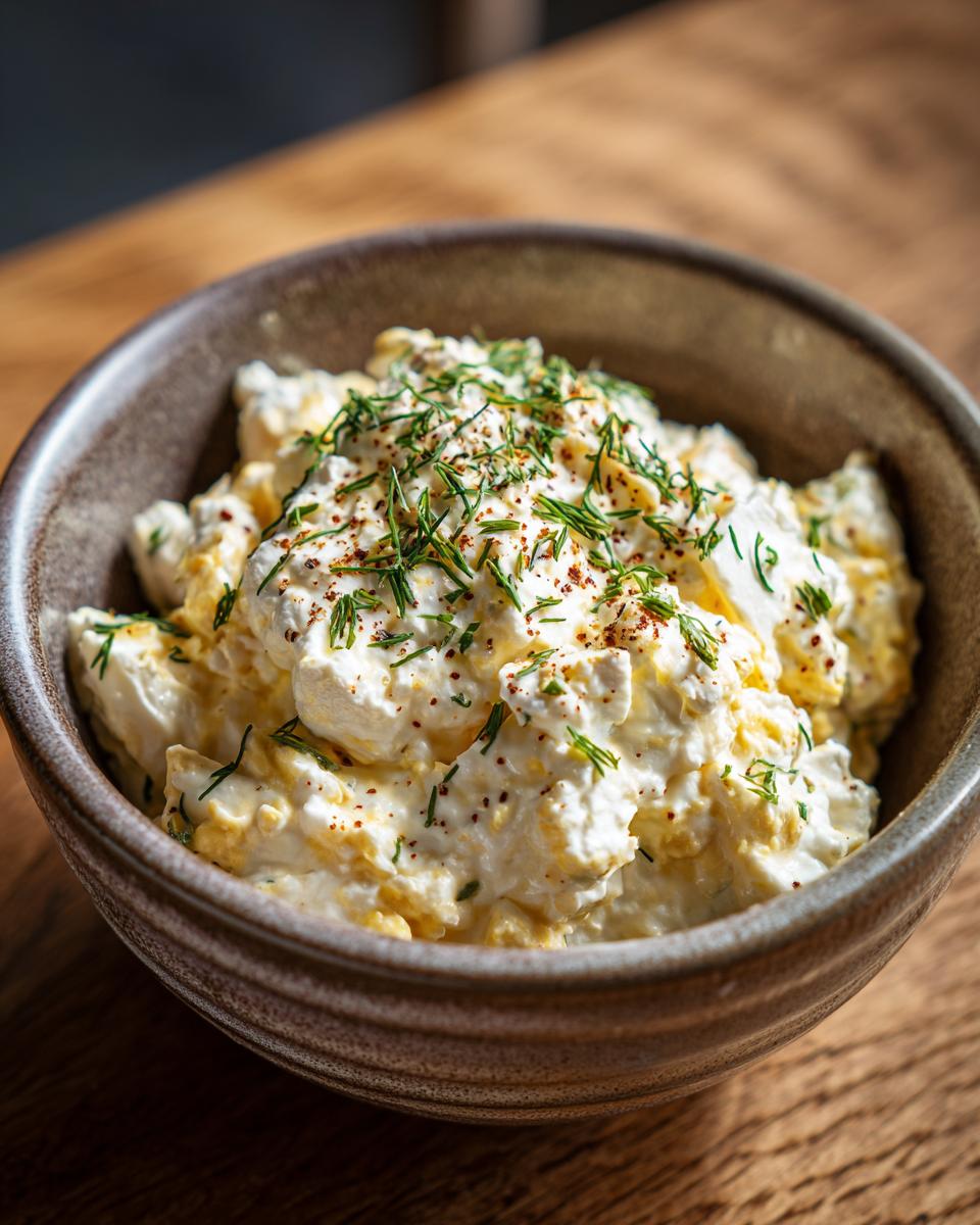 Bowl of creamy cottage cheese chicken salad, garnished with dill and spices. Ready to enjoy!