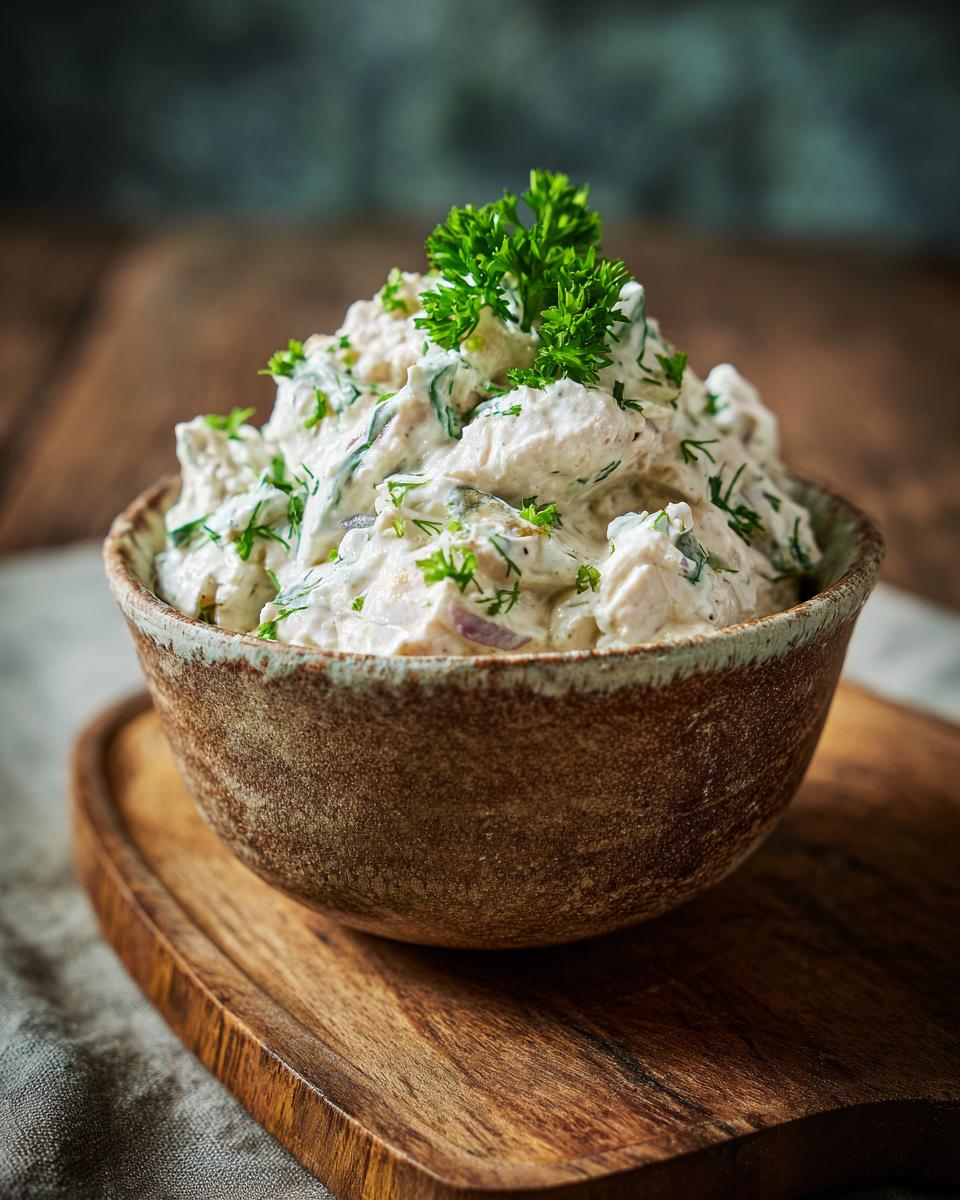 Bowl of creamy cottage cheese chicken salad topped with fresh parsley on a wooden board.