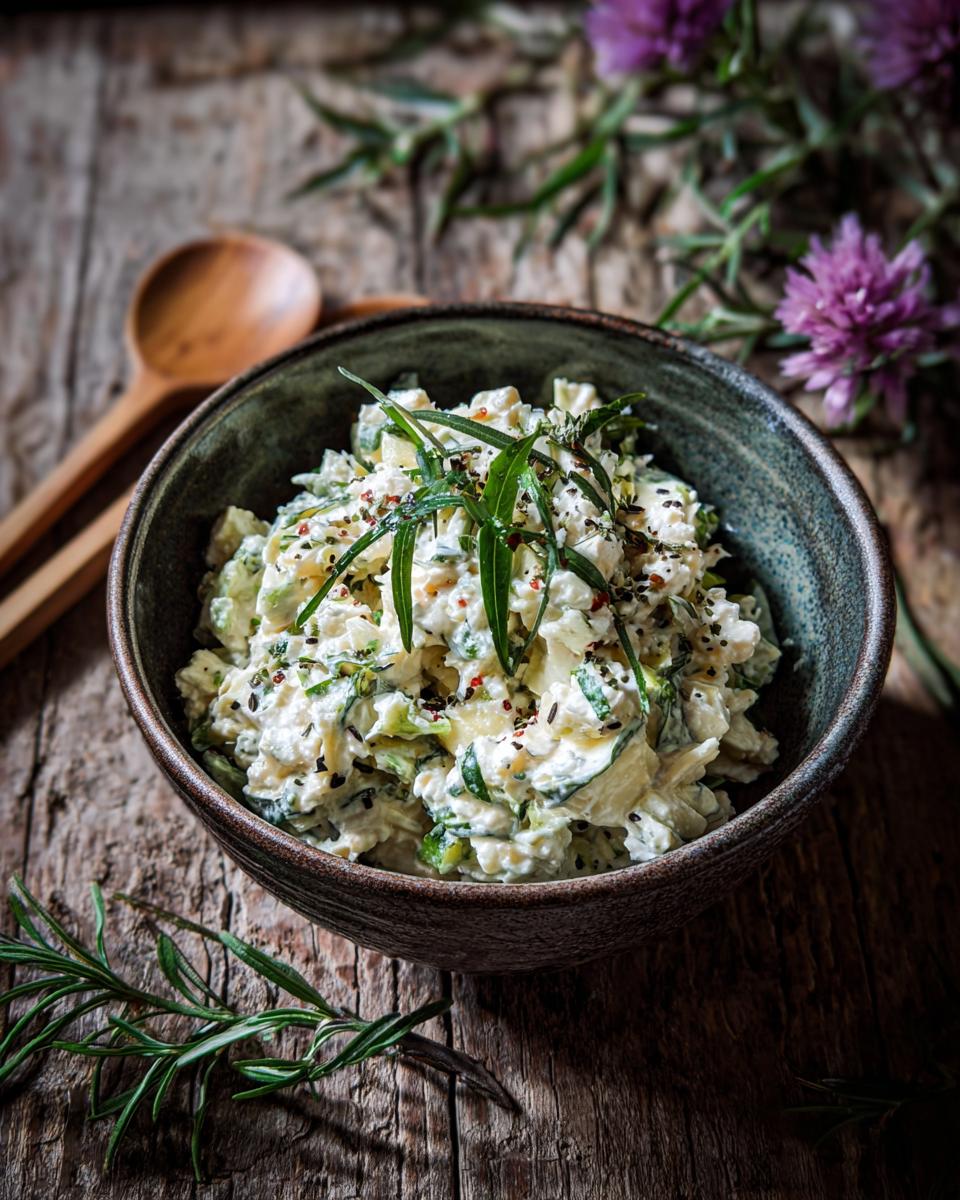Bowl of Ultimate Creamy Cottage Cheese Chicken Salad, garnished with fresh herbs, on a rustic wooden surface.