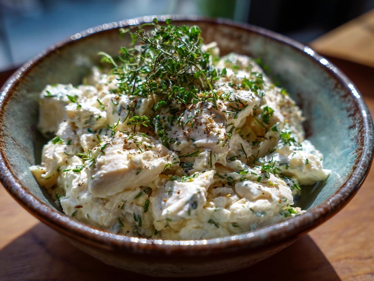 A bowl of creamy cottage cheese chicken salad, garnished with fresh herbs and pepper.