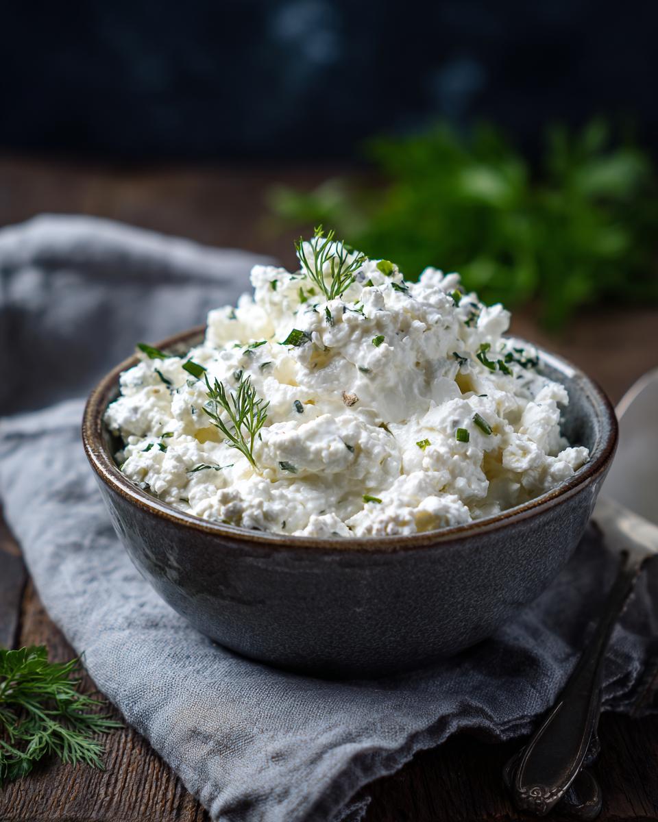 Bowl of creamy cottage cheese with fresh herbs, perfect for Ultimate Creamy Cottage Cheese Chicken Salad.