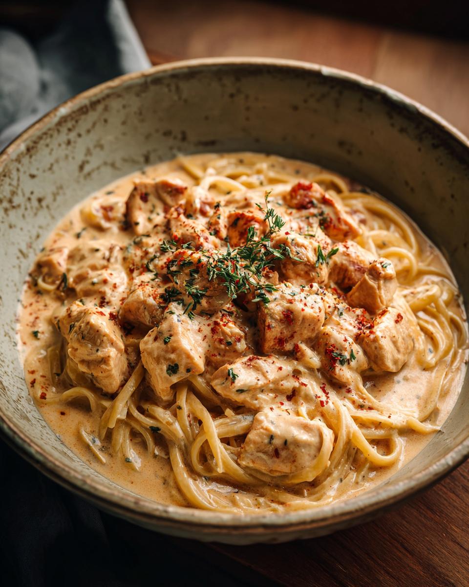 Bowl of Simple Creamy Crock Pot Chicken Pasta with herbs and spices, ready to eat.
