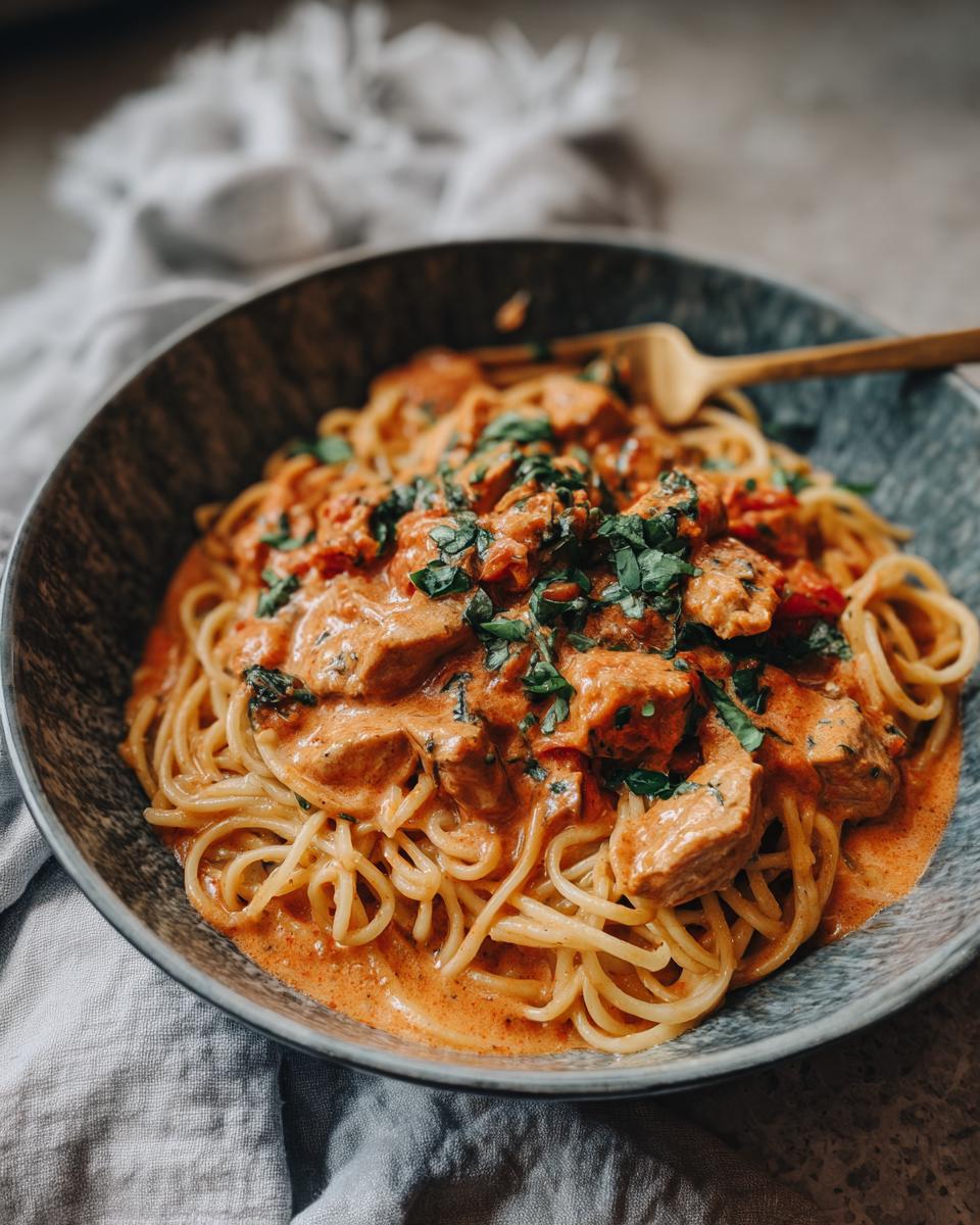 Bowl of Simple Creamy Crock Pot Chicken Pasta with spaghetti, creamy sauce, chicken pieces, and fresh herbs.