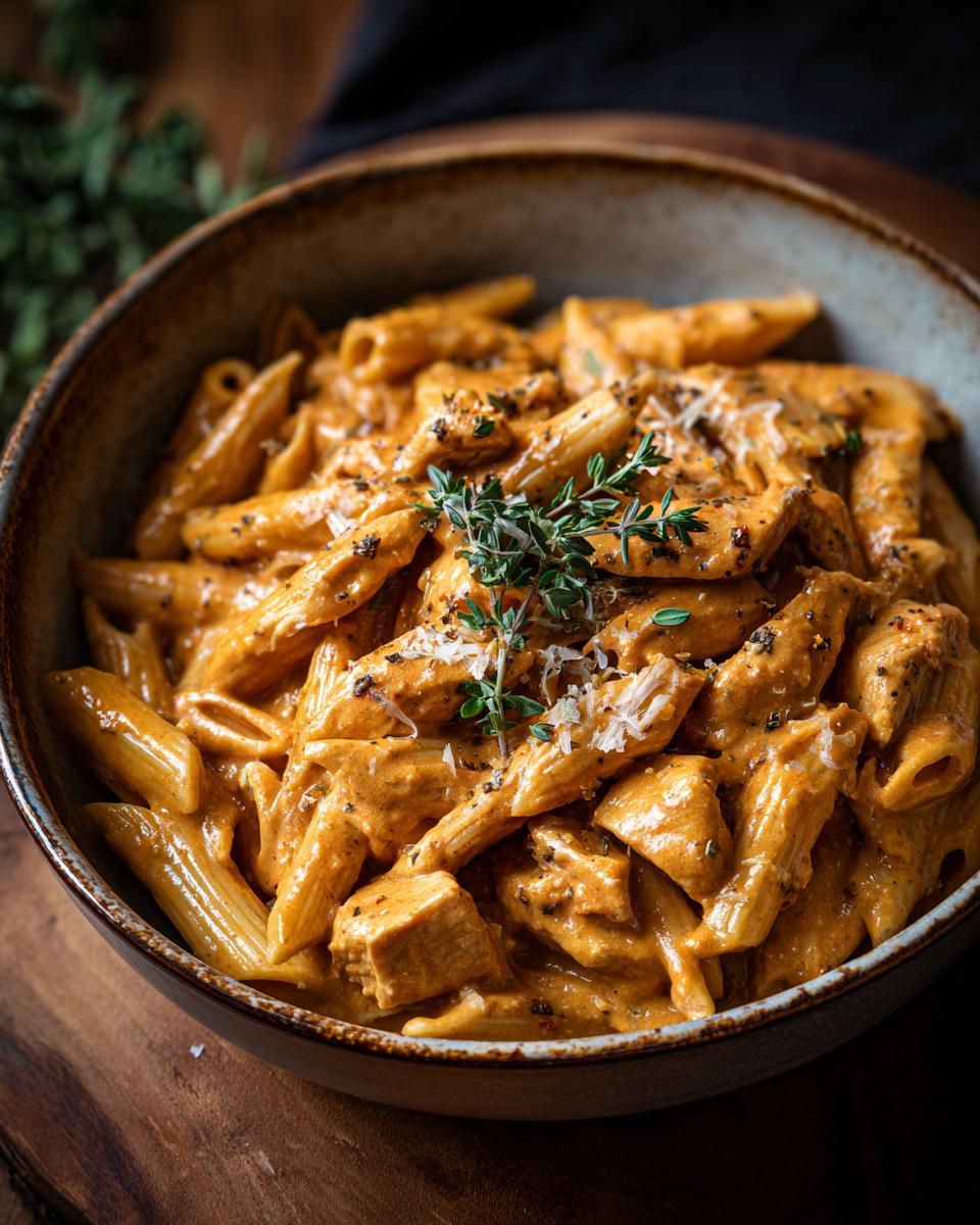 Bowl of Simple Creamy Crock Pot Chicken Pasta, garnished with herbs and parmesan cheese.
