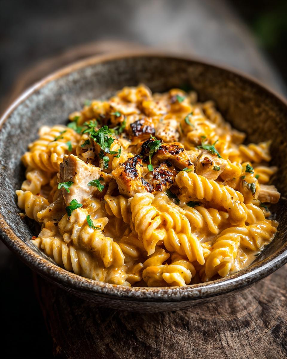 A bowl of Simple Creamy Crock Pot Chicken Pasta, featuring rotini pasta, creamy sauce, and grilled chicken pieces, garnished with parsley.