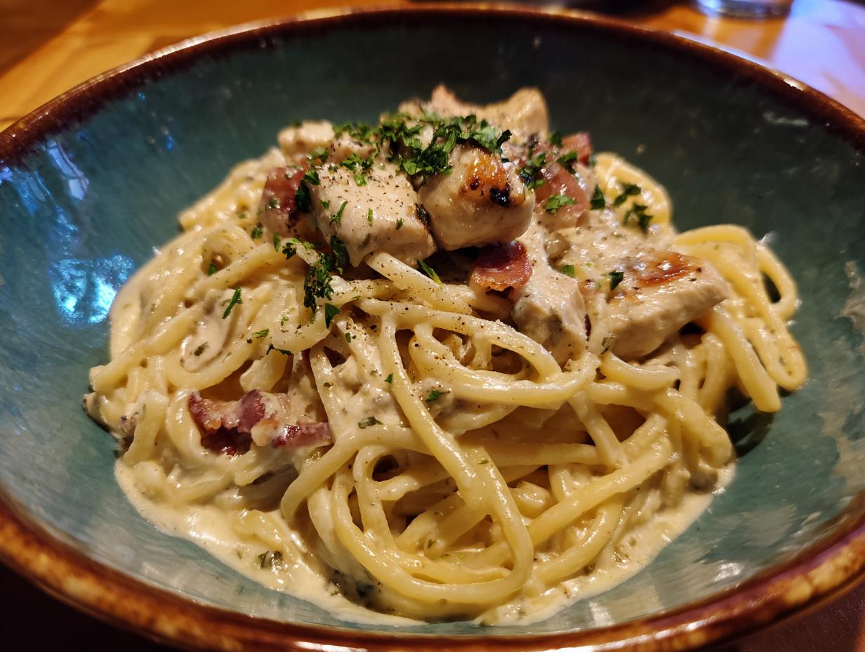 Close-up of Simple Creamy Crock Pot Chicken Pasta in a bowl, garnished with herbs and bacon bits.