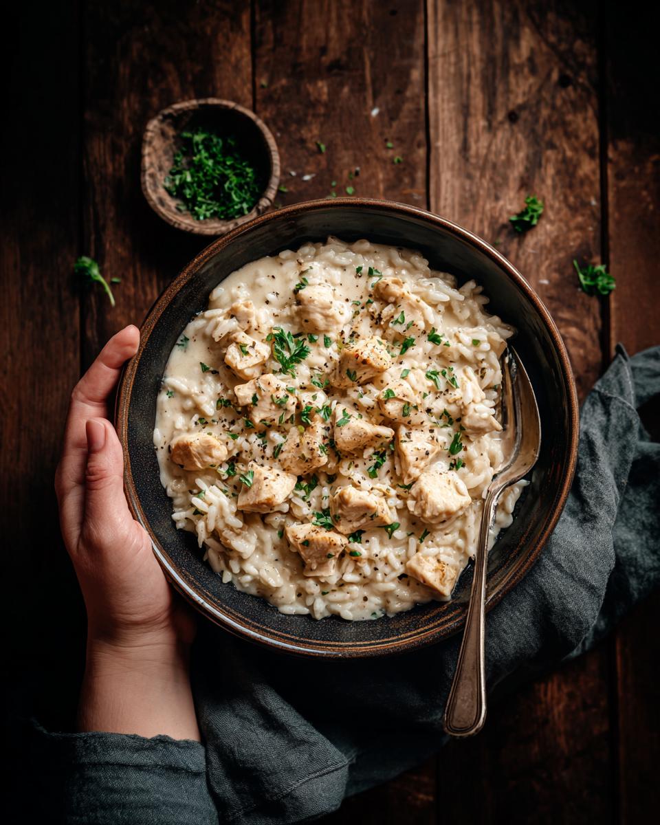 Overhead shot of Creamy Crockpot Chicken and Rice in a bowl, garnished with parsley, held by a person.