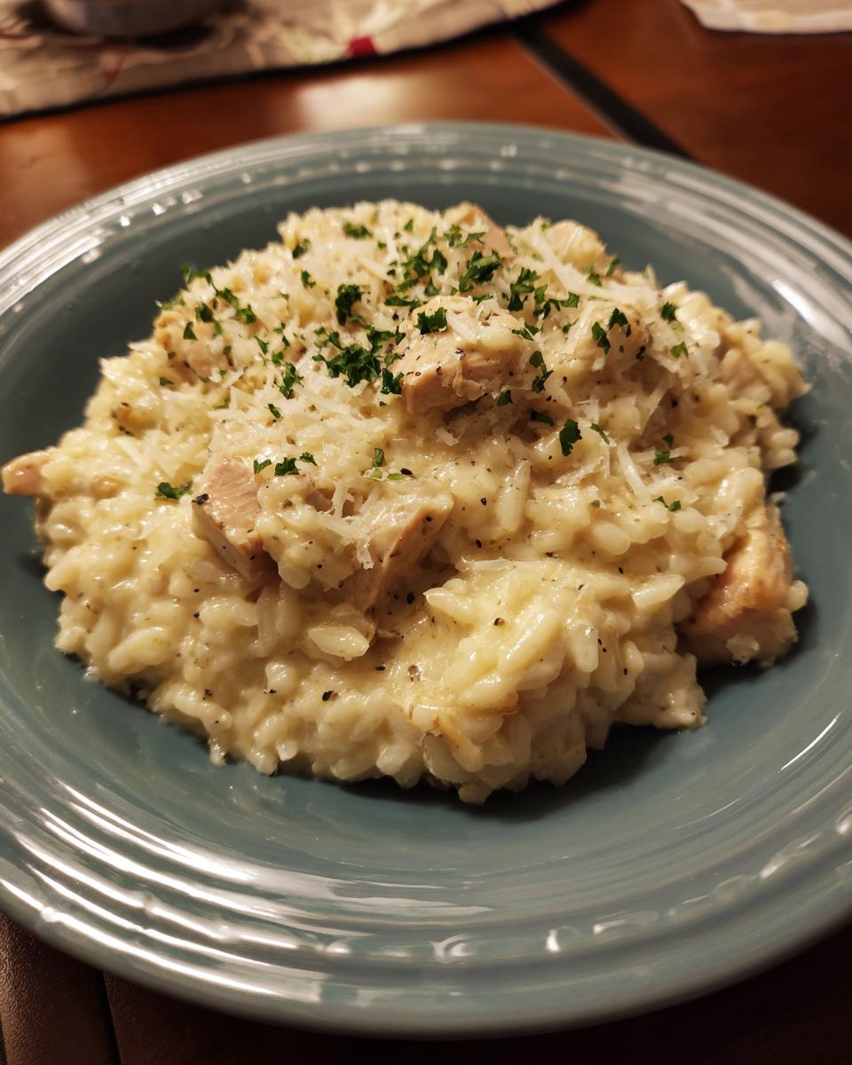 A serving of Creamy Crockpot Chicken and Rice, garnished with parsley and cheese, on a blue plate.