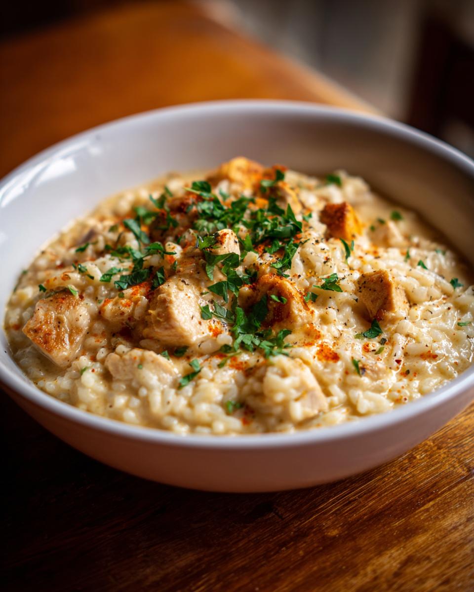 Bowl of Creamy Crockpot Chicken and Rice garnished with parsley and paprika.