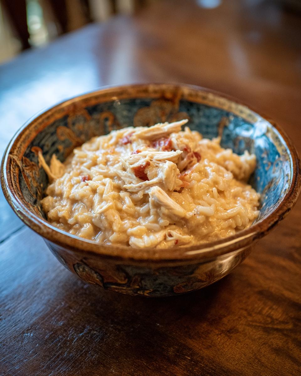 A bowl of creamy crockpot chicken and rice, garnished with shredded chicken and red peppers.