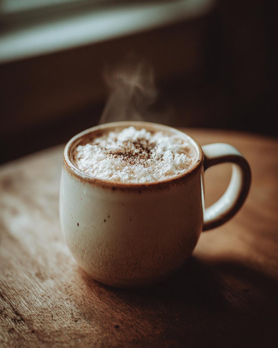 Steaming mug of Creamy White Hot Chocolate topped with whipped cream and chocolate shavings on a wooden table.
