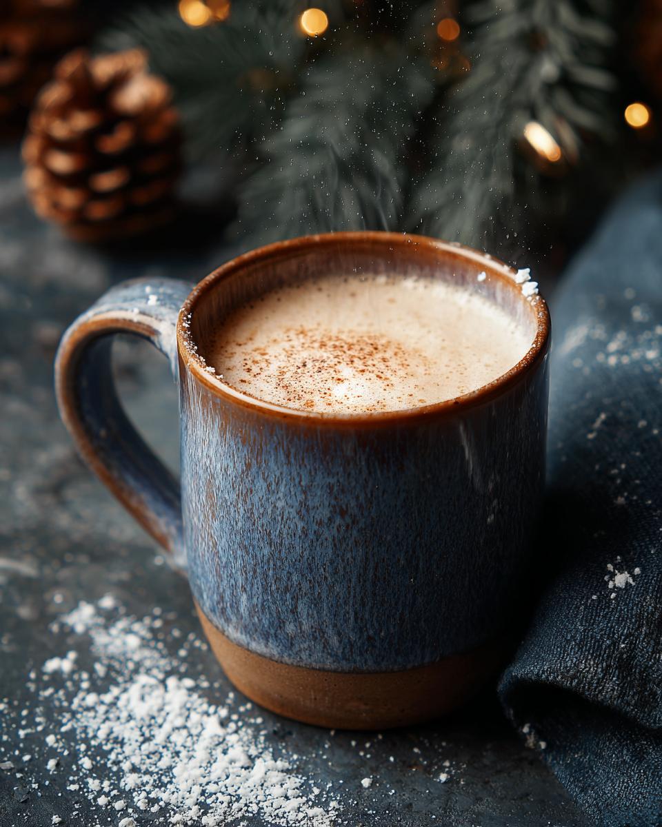 A mug of Creamy White Hot Chocolate, dusted with cinnamon, sits amidst a festive winter scene.