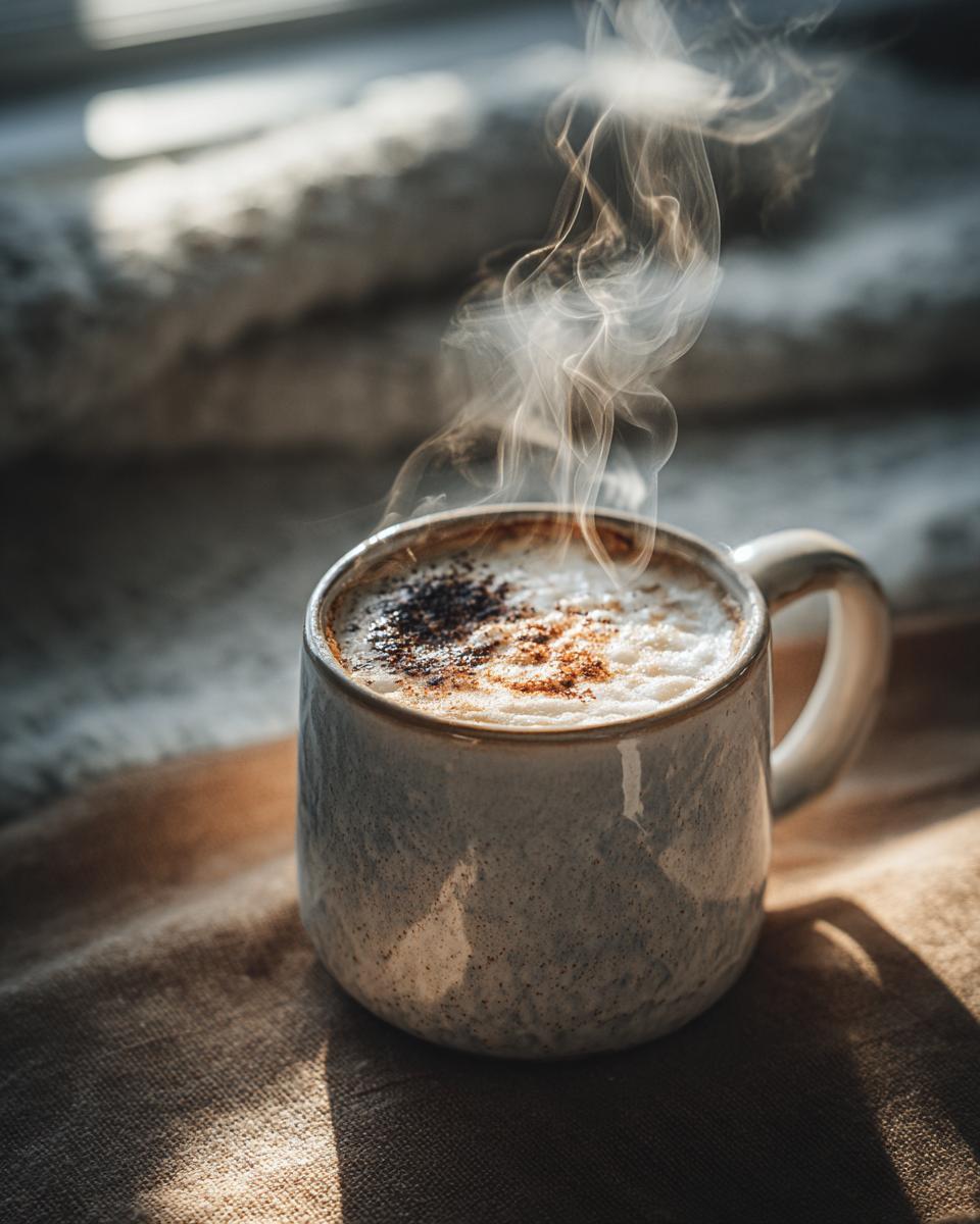Steaming mug of Creamy White Hot Chocolate with whipped cream and chocolate shavings.