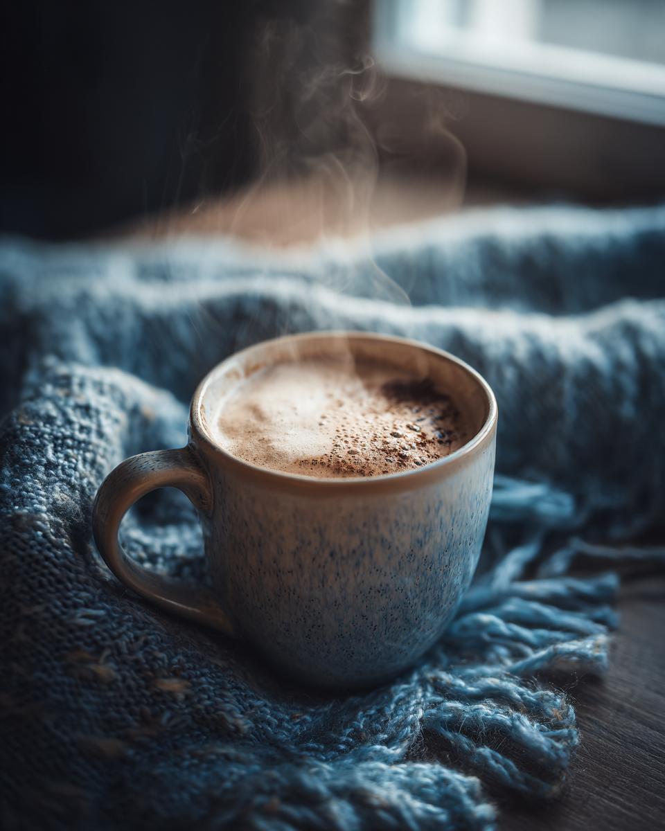 Steaming mug of Creamy White Hot Chocolate on a cozy blue knit blanket, near a window.