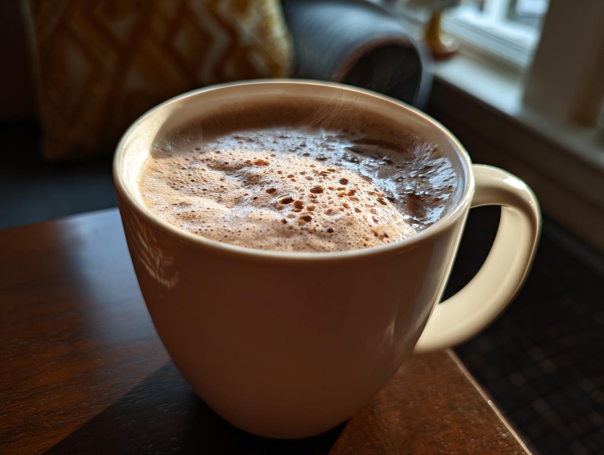 Close-up of a mug filled with creamy white hot chocolate, showcasing its frothy top and rich texture.