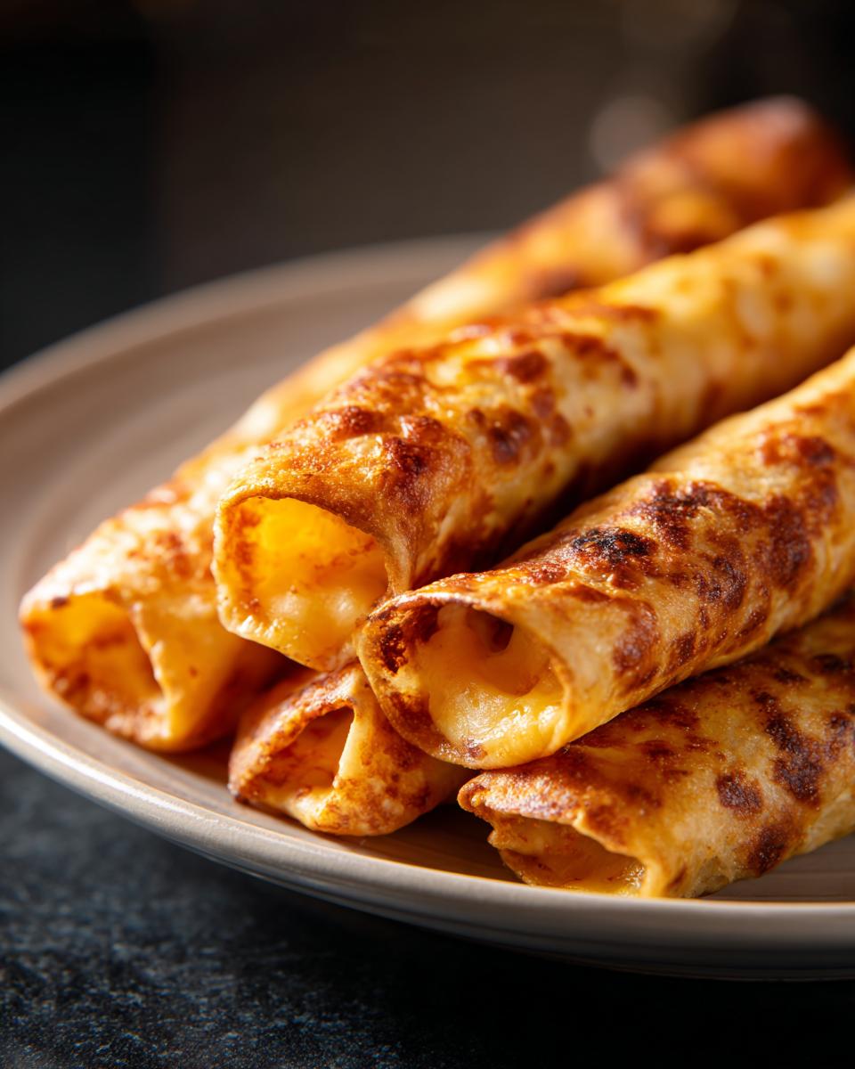 A stack of golden Crispy Air Fryer Chicken Mozzarella Wraps on a plate, showing the crunchy exterior and melted cheese inside.