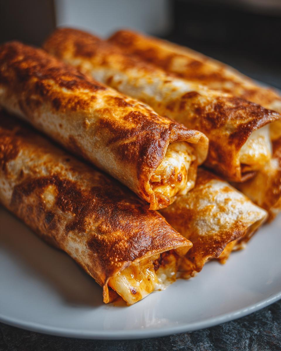 A stack of golden brown Crispy Air Fryer Chicken Mozzarella Wraps on a white plate.