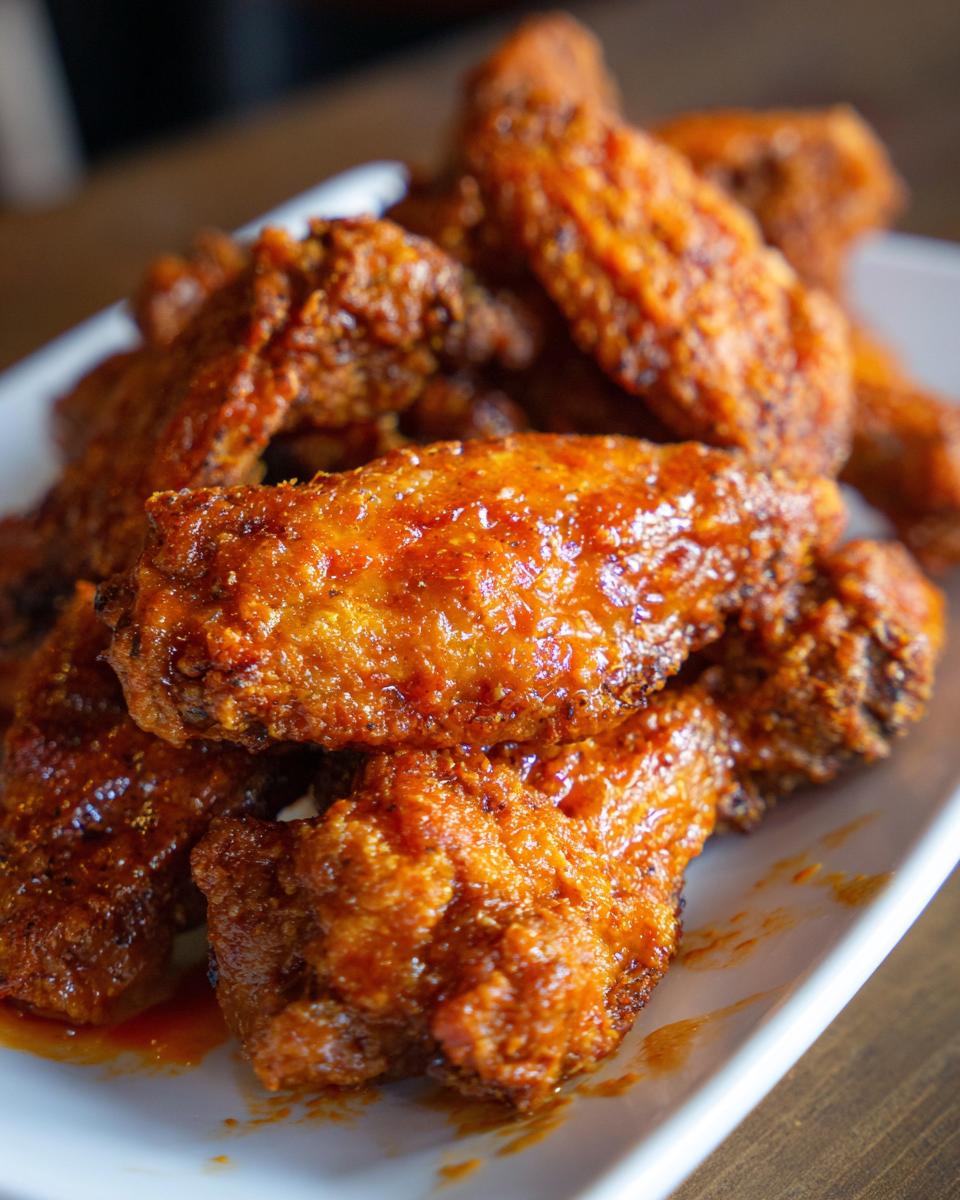 A close-up of a plate piled high with Ultimate Crispy Baked Buffalo Wings, coated in a shiny, flavorful sauce.