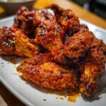 A plate of glistening Ultimate Crispy Baked Buffalo Wings, coated in a vibrant red sauce and herbs.