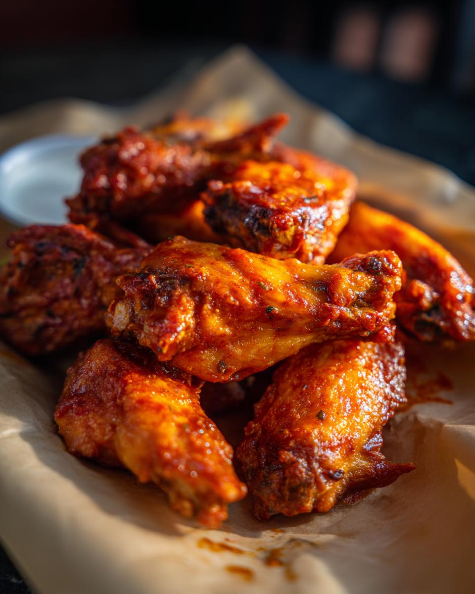 A platter of Ultimate Crispy Baked Buffalo Wings with a side of dipping sauce.