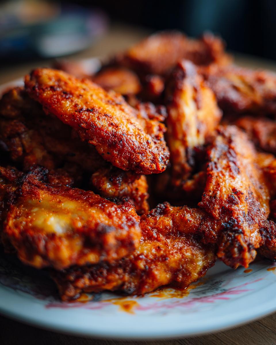 Pile of Ultimate Crispy Baked Buffalo Wings on a decorative plate, showcasing their texture and vibrant color.