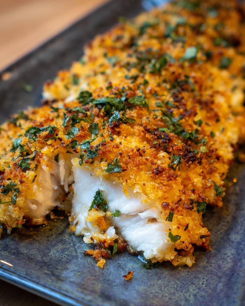 Close-up of Crispy Baked Parmesan Crusted Tilapia, showing the flaky fish and golden crust with herbs.