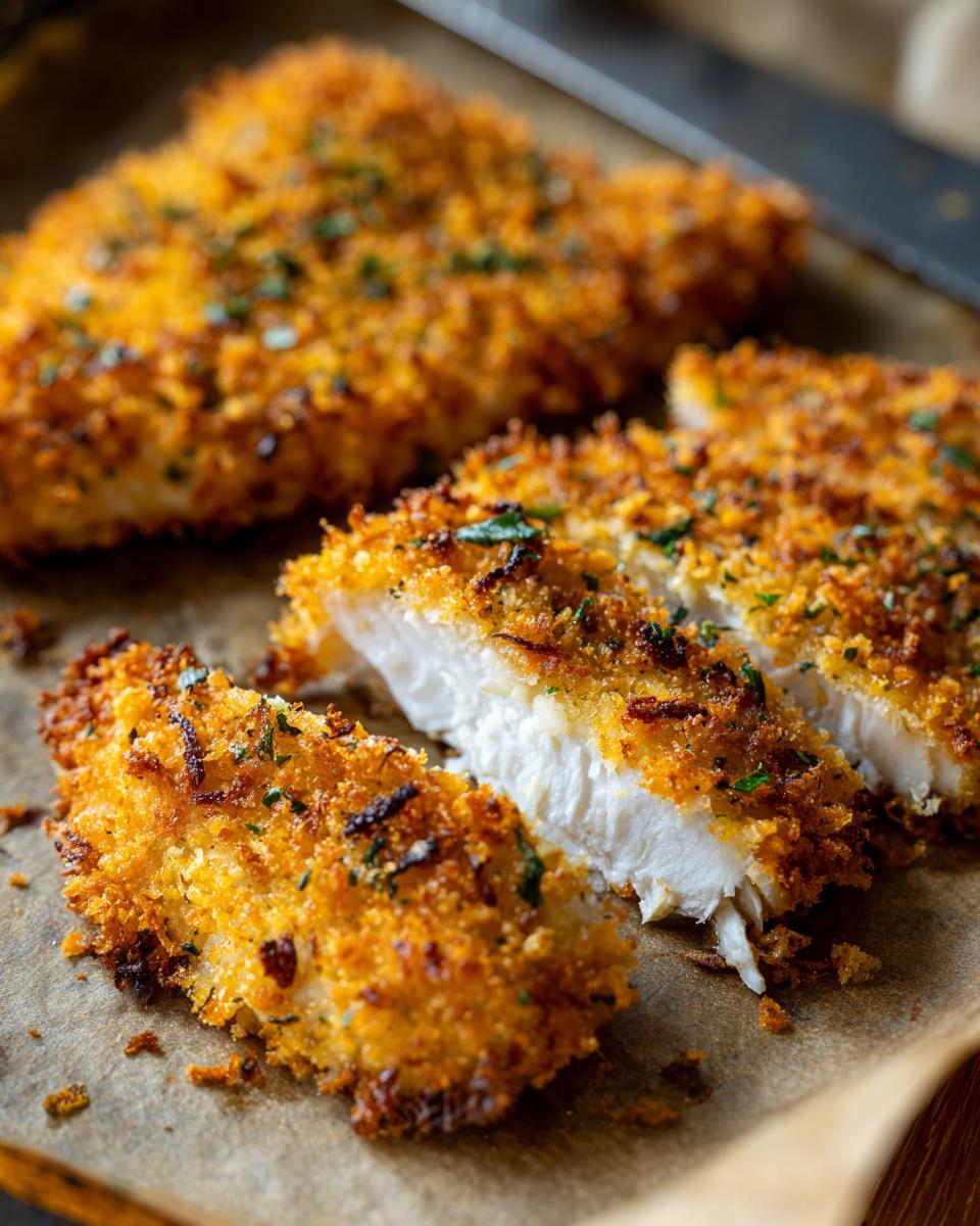 Close-up of Crispy Baked Parmesan Crusted Tilapia, showing the golden-brown crust and flaky white fish.
