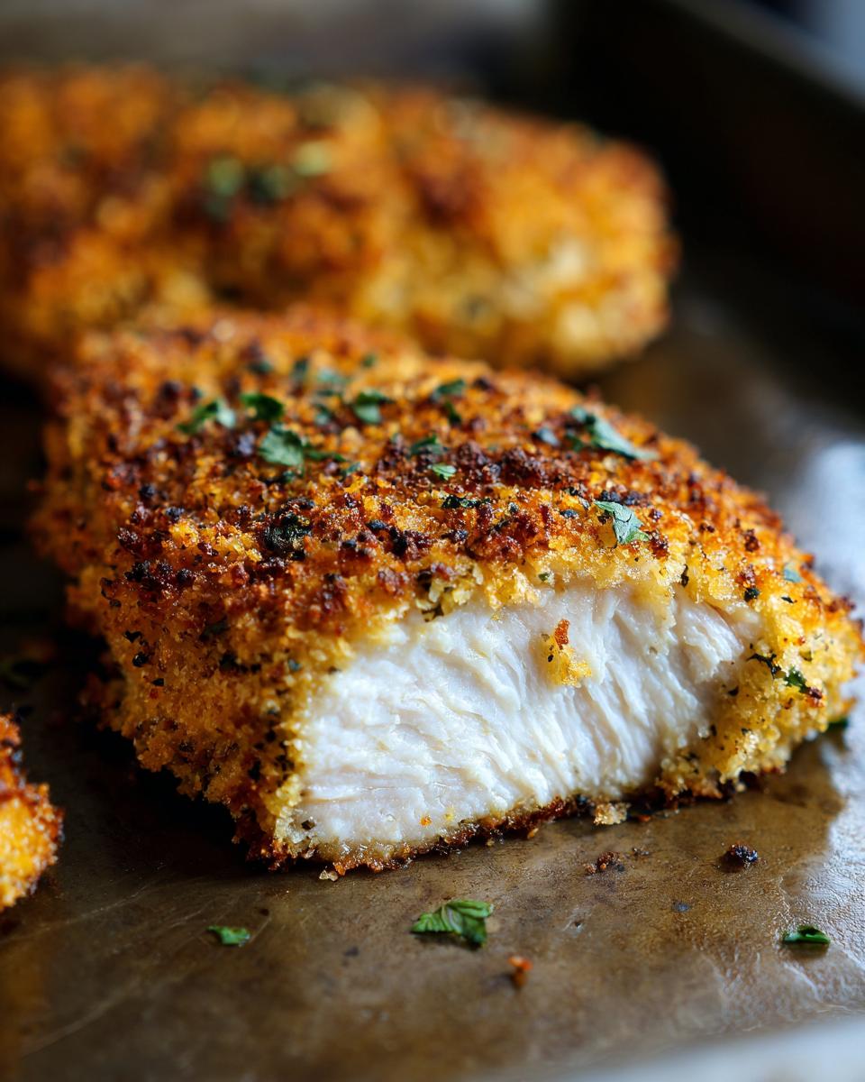 Close-up of Crispy Baked Parmesan Crusted Tilapia showing the flaky white fish and golden-brown crust.