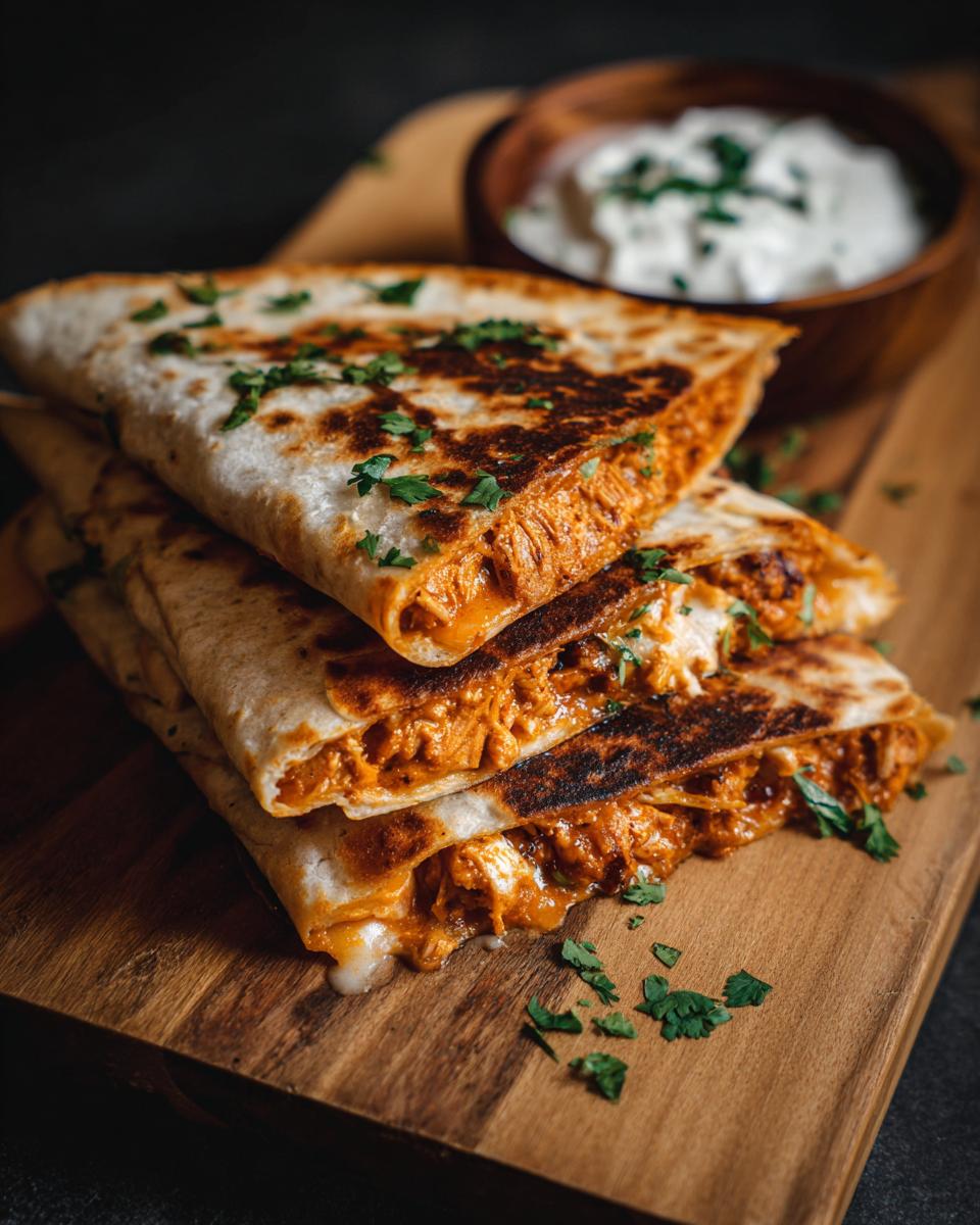 Stack of Ultimate Crispy Buffalo Chicken Quesadillas on a wooden board, garnished with parsley and served with dipping sauce.