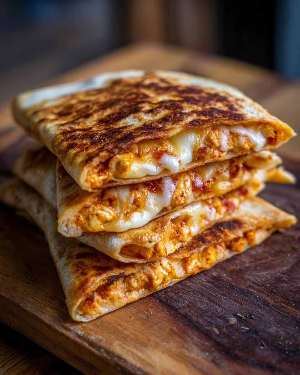 Stack of crispy Buffalo Chicken Quesadillas with melted cheese on a wooden board.