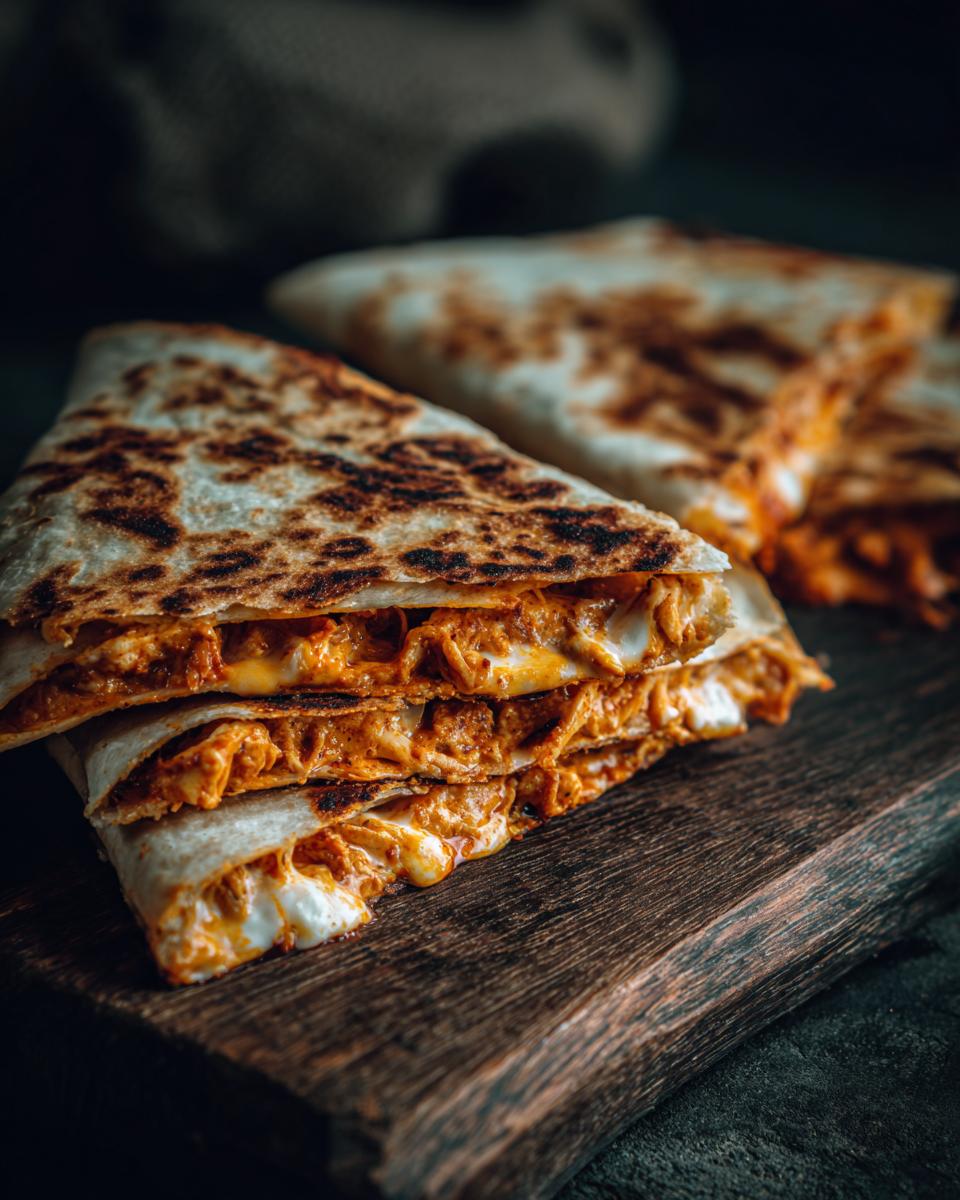 Stack of crispy Buffalo Chicken Quesadillas with melted cheese on a wooden board.