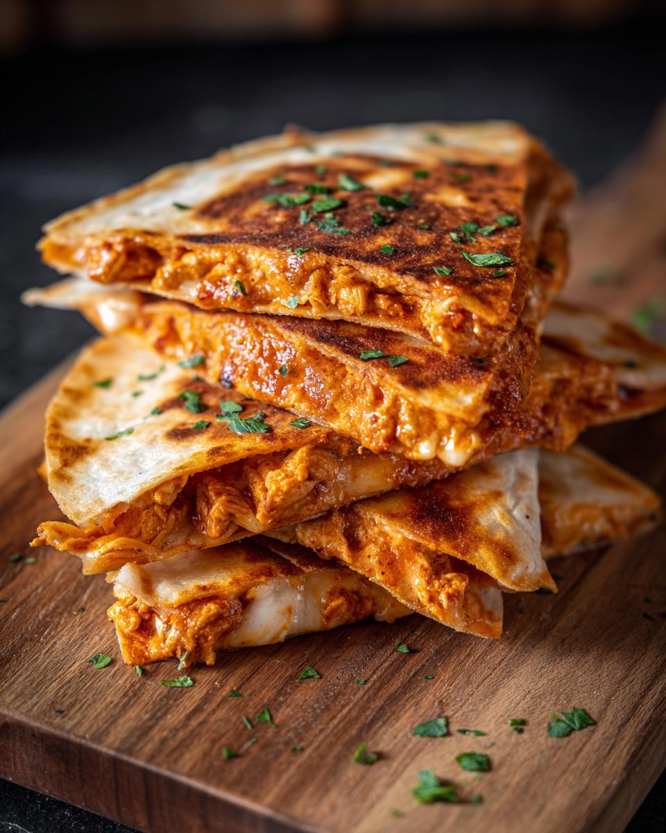 A stack of crispy Buffalo Chicken Quesadillas cut into triangles, showing the chicken and cheese filling.