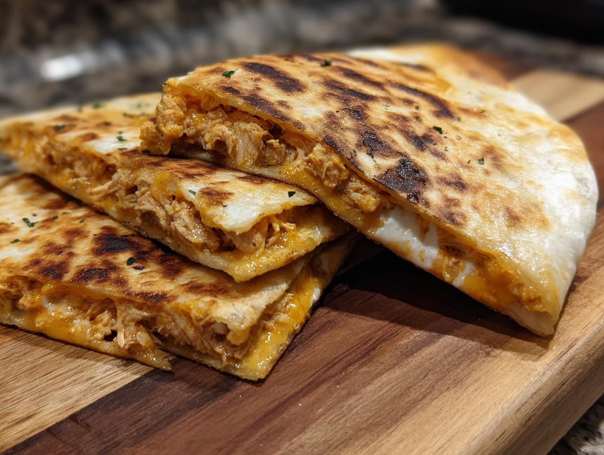 Stack of crispy Buffalo Chicken Quesadillas cut into triangles, filled with chicken and cheese.