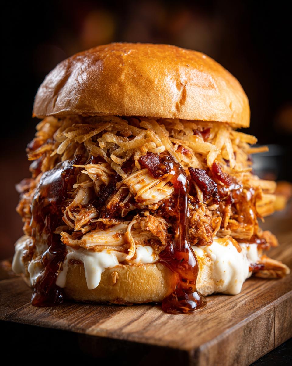 A stacked Crispy Buffalo Chicken Sandwich with sauce dripping down, topped with crispy fried onions and bacon.