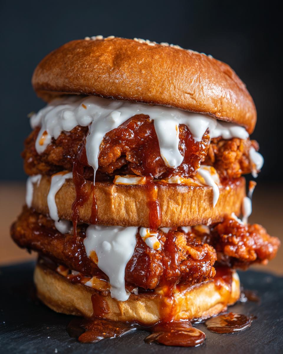 Towering Ultimate Crispy Buffalo Chicken Sandwich with sauce dripping, featuring crispy chicken, toasted buns, and creamy topping.