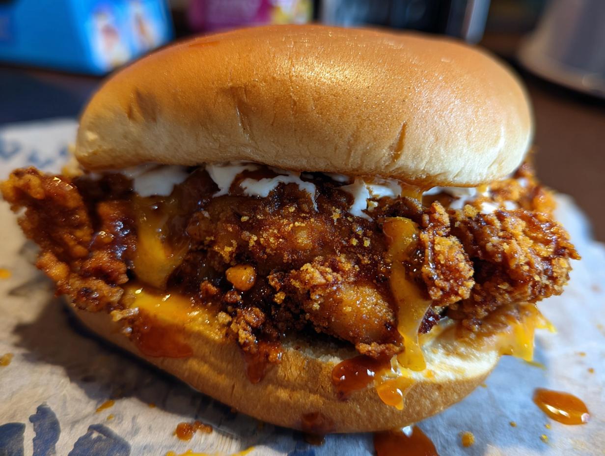 Close-up of a delicious Crispy Buffalo Chicken Sandwich with sauce dripping and a golden bun.