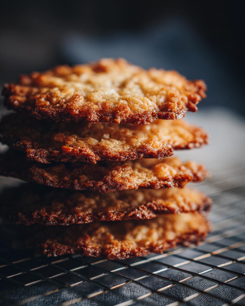 A stack of four Crispy Edges & Chewy Center Oatmeal Lace Cookies on a wire rack, showing their delicate texture.