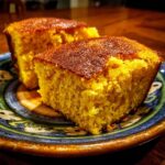 Two pieces of golden Crispy Hot Water Cornbread served on a decorative blue and green plate.
