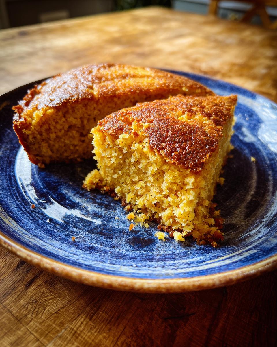 A slice of Crispy Hot Water Cornbread on a blue plate, showing its texture and golden-brown crust.