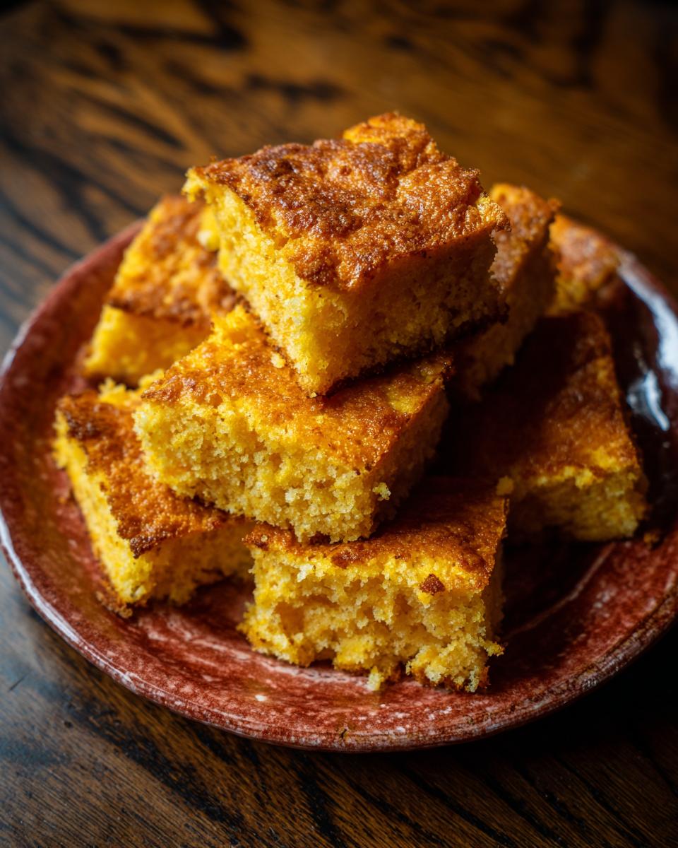 A stack of golden Crispy Hot Water Cornbread squares on a rustic red plate, showcasing its texture.