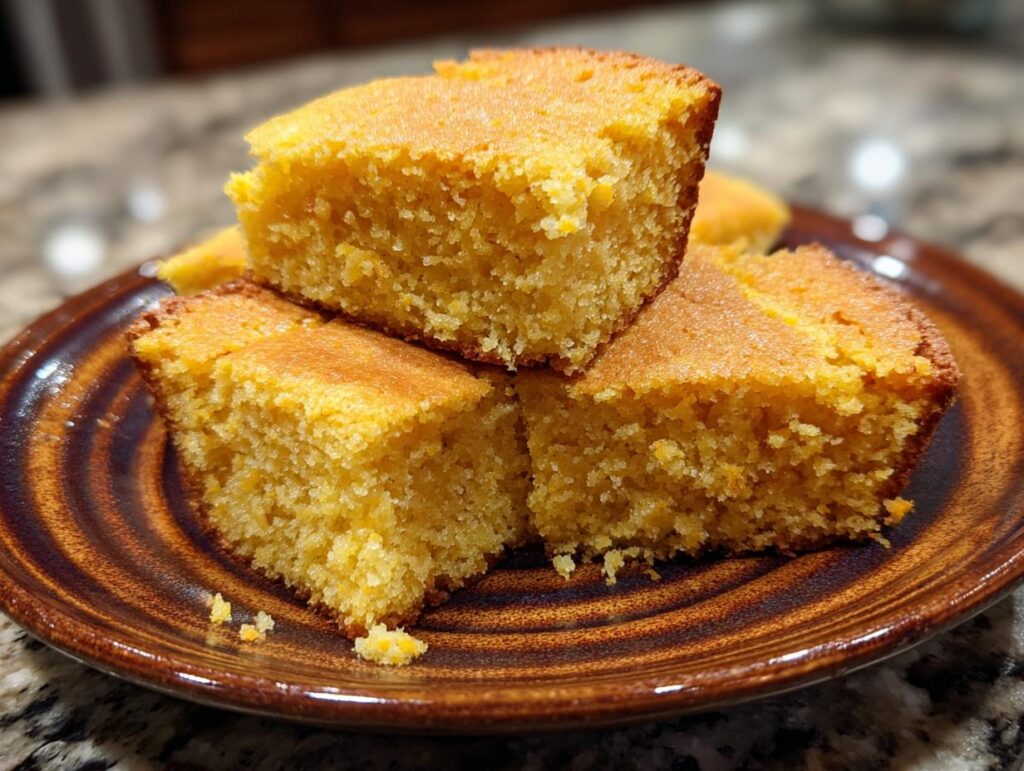 Three pieces of Crispy Hot Water Cornbread stacked on a brown plate, showcasing its golden-brown color and texture.