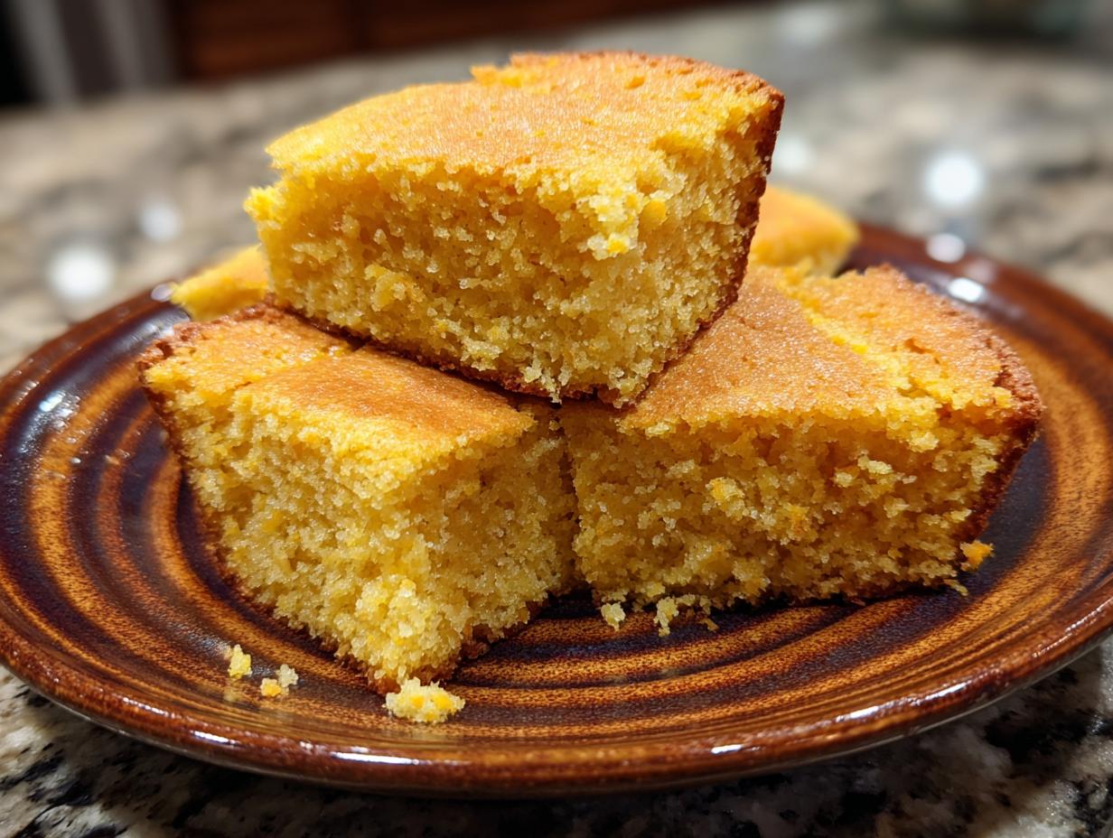 Three pieces of Crispy Hot Water Cornbread stacked on a brown plate, showcasing its golden-brown color and texture.