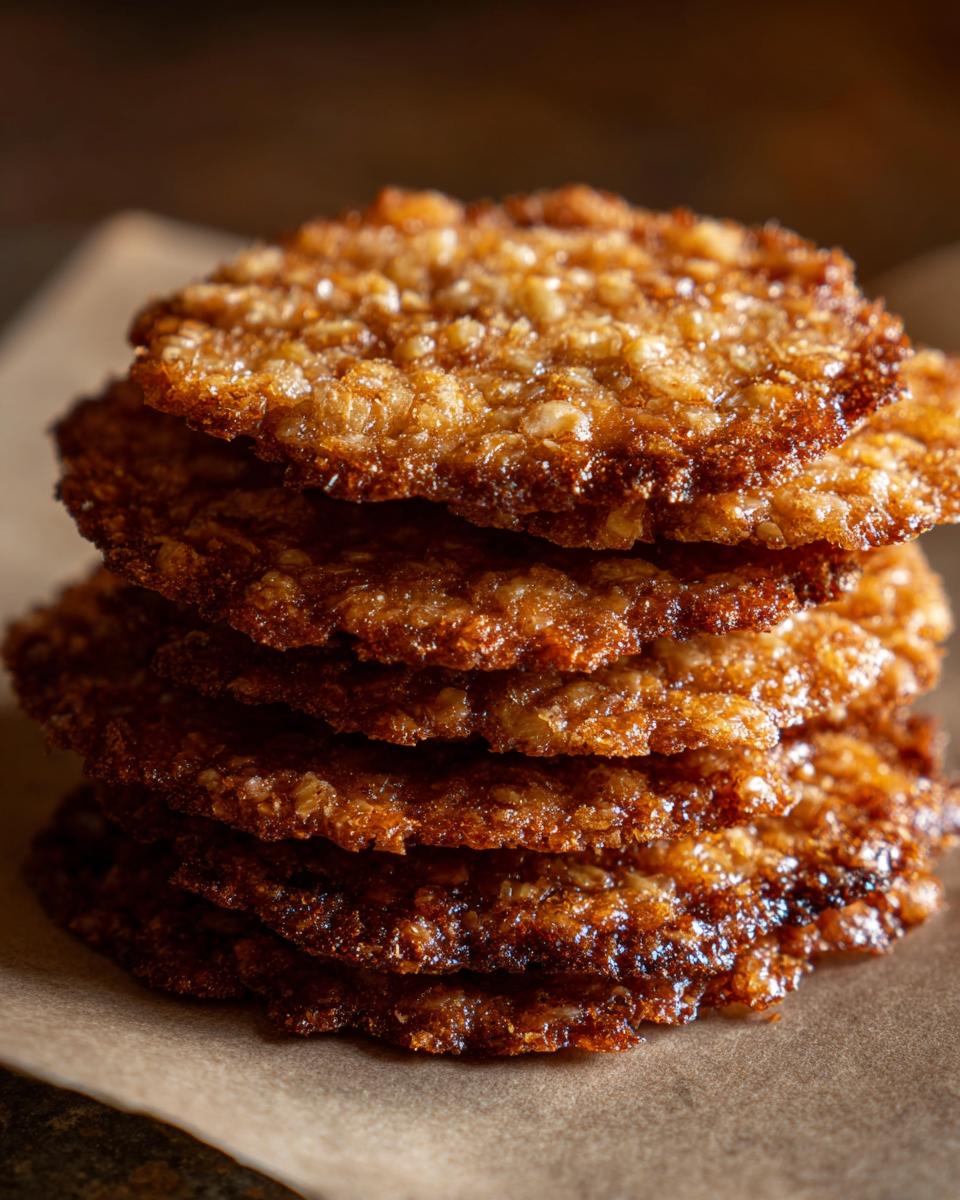 A stack of golden brown Crispy Edges & Chewy Center Oatmeal Lace Cookies on parchment paper.