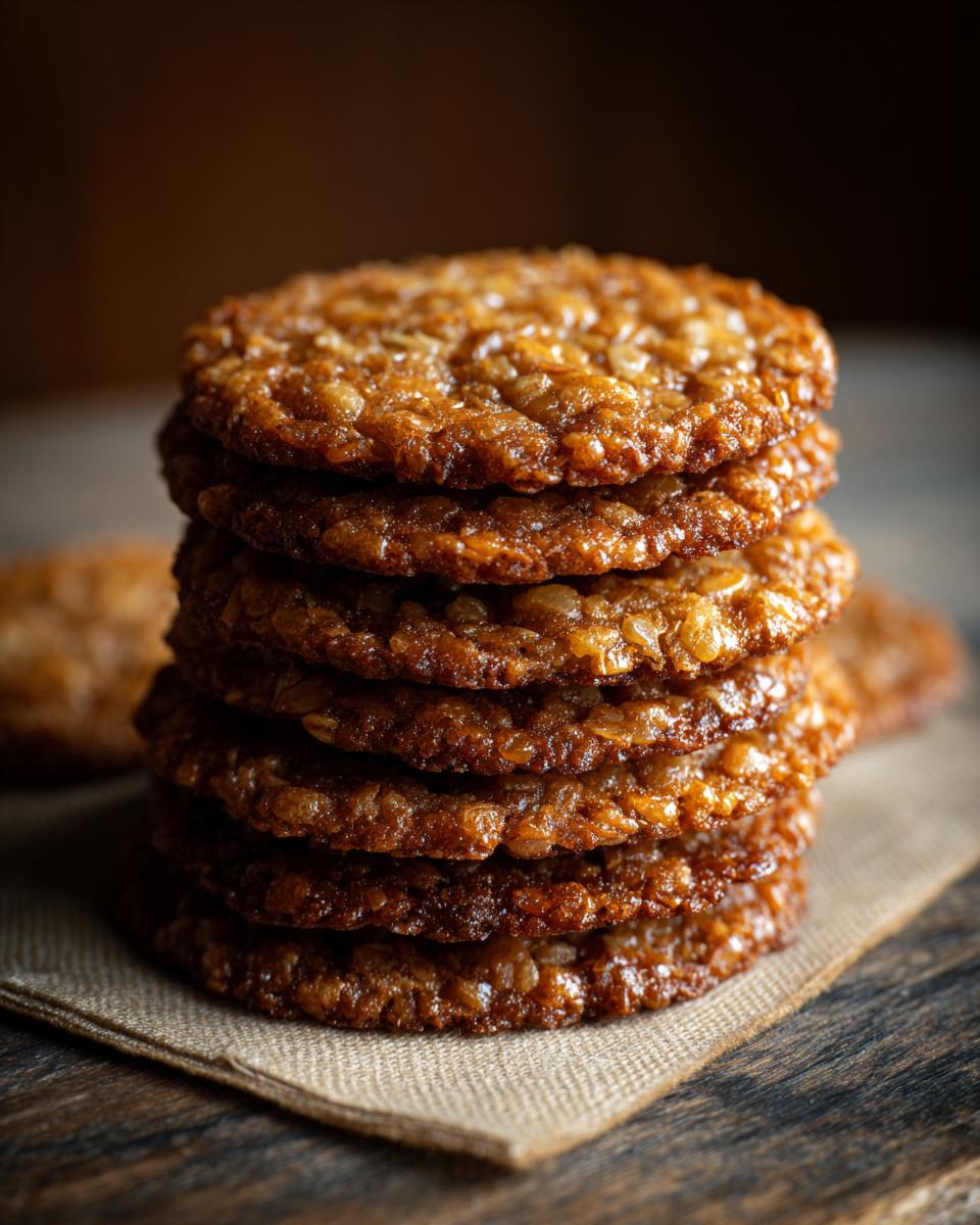A stack of Crispy Edges & Chewy Center Oatmeal Lace Cookies on a rustic cloth and wooden surface.