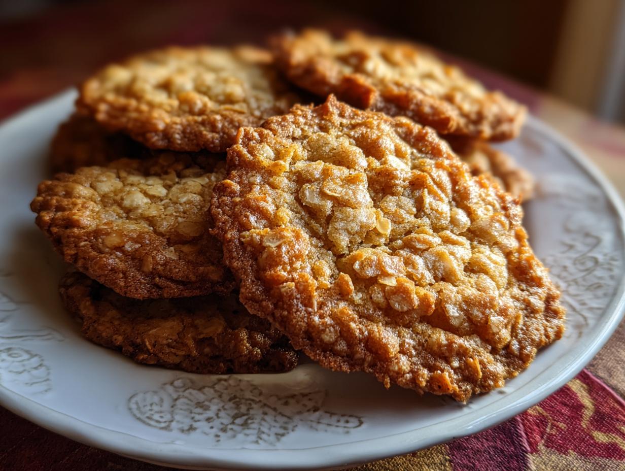 A stack of Crispy Edges & Chewy Center Oatmeal Lace Cookies on a white plate, showcasing their texture.