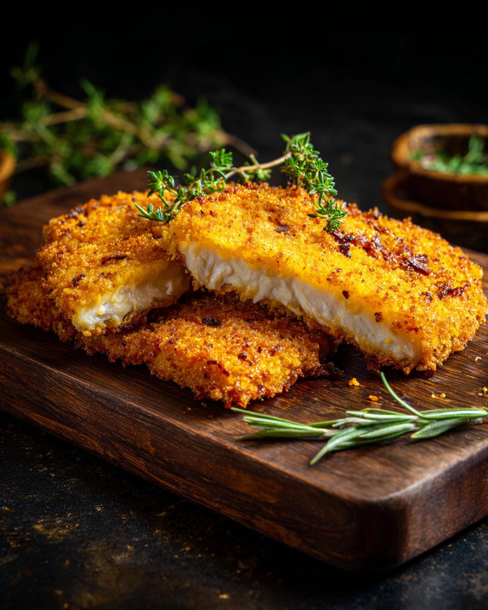 Close-up of Crispy Baked Parmesan Crusted Tilapia, garnished with fresh herbs on a wooden board.