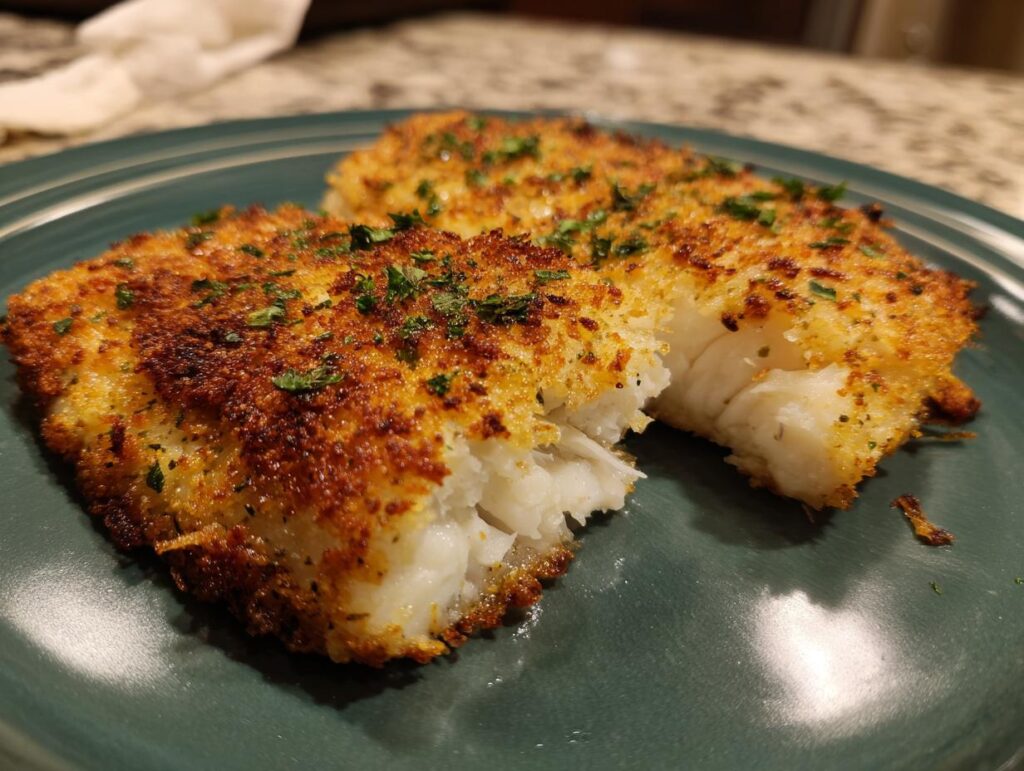 Two pieces of Crispy Baked Parmesan Crusted Tilapia on a green plate, garnished with parsley.