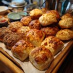 Golden crispy potato rolls, some with sesame seeds, displayed on a wooden tray for The ULTIMATE Guide.